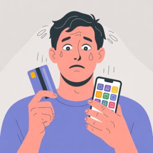 confused person using multipal bnpl apps and credit card